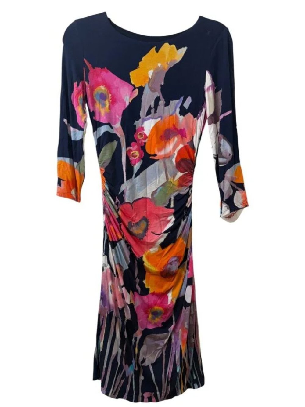 NWT Kay Unger Navy Watercolor Floral Sheath Dress Midi Ruched Sz 2 Org $340 - Picture 3 of 4